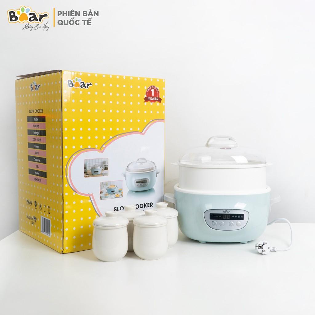 (BẢN QUỐC TẾ) NỒI NẤU CHÁO, NINH, HẦM, HẤP CÁCH THỦY BEAR 2.5L (GỒM 5 NỒI SỨ, LỒNG HẤP)