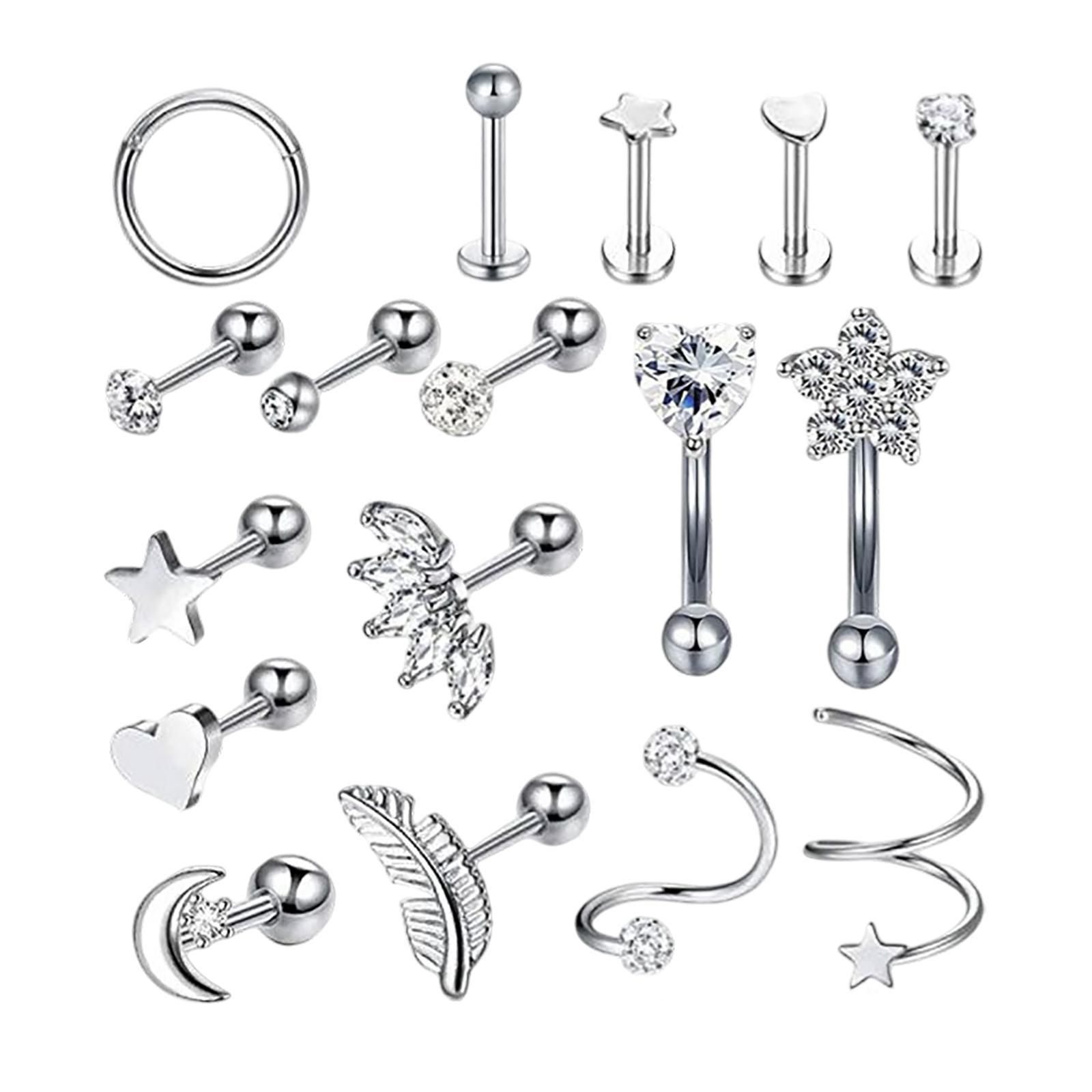 17Pcs Stainless Steel Ear Earrings Piercing Jewelry Nose Rings
