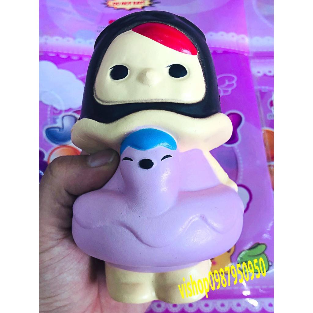 ĐỒ CHƠI SQUISHY  CÔ GÁI VỊT TÓC ĐEN VÁY TÍM
