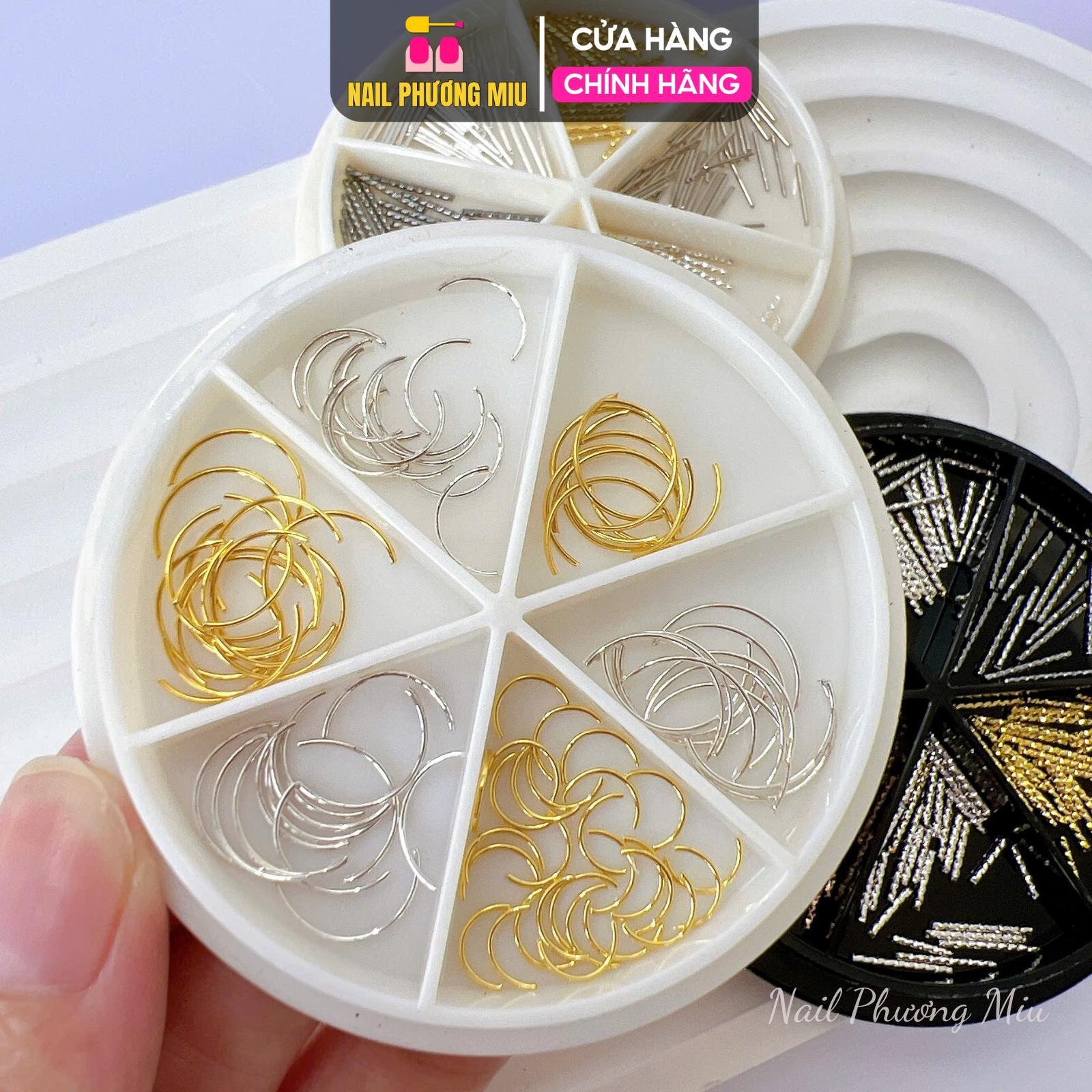 Set Charm Thẳng Cong Kim Loại Làm Nail Khay Nhựa Tròn 6 Ngăn Mix Màu Cao Cấp Trang Trí Móng Vàng, Bạc Và Đồng-nail Phương Miu Nữ Women