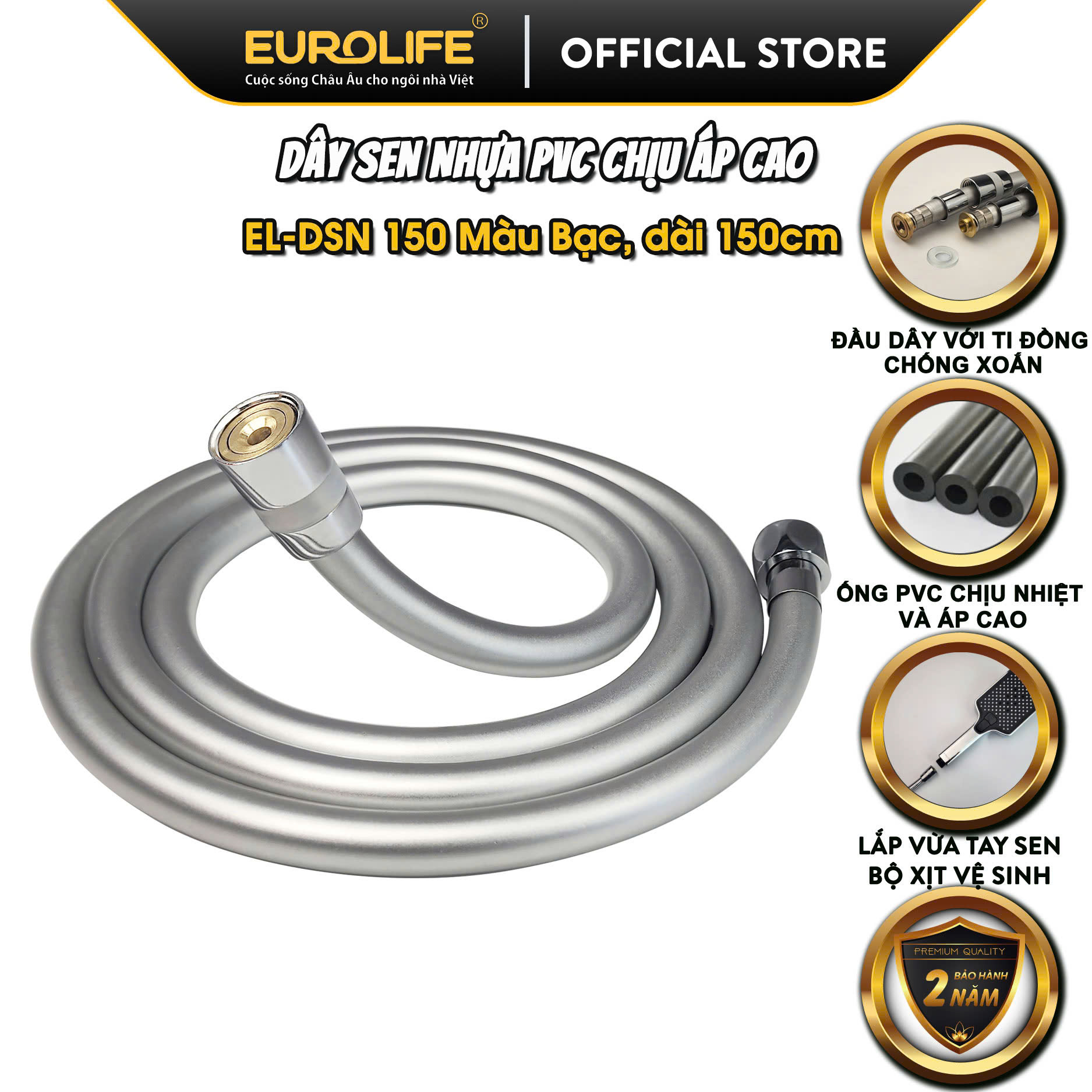 Dây sen chịu áp lực cao, nhựa PVC, ti đồng chống xoắn, dài 150cm, 200cm Eurolife