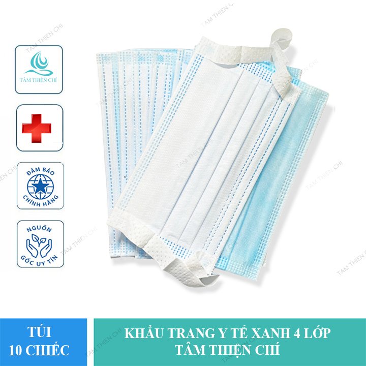 Khẩu trang y tế Tâm Thiện Chí VRT 4 lớp xanh Quai mềm bản to Túi 10 cái