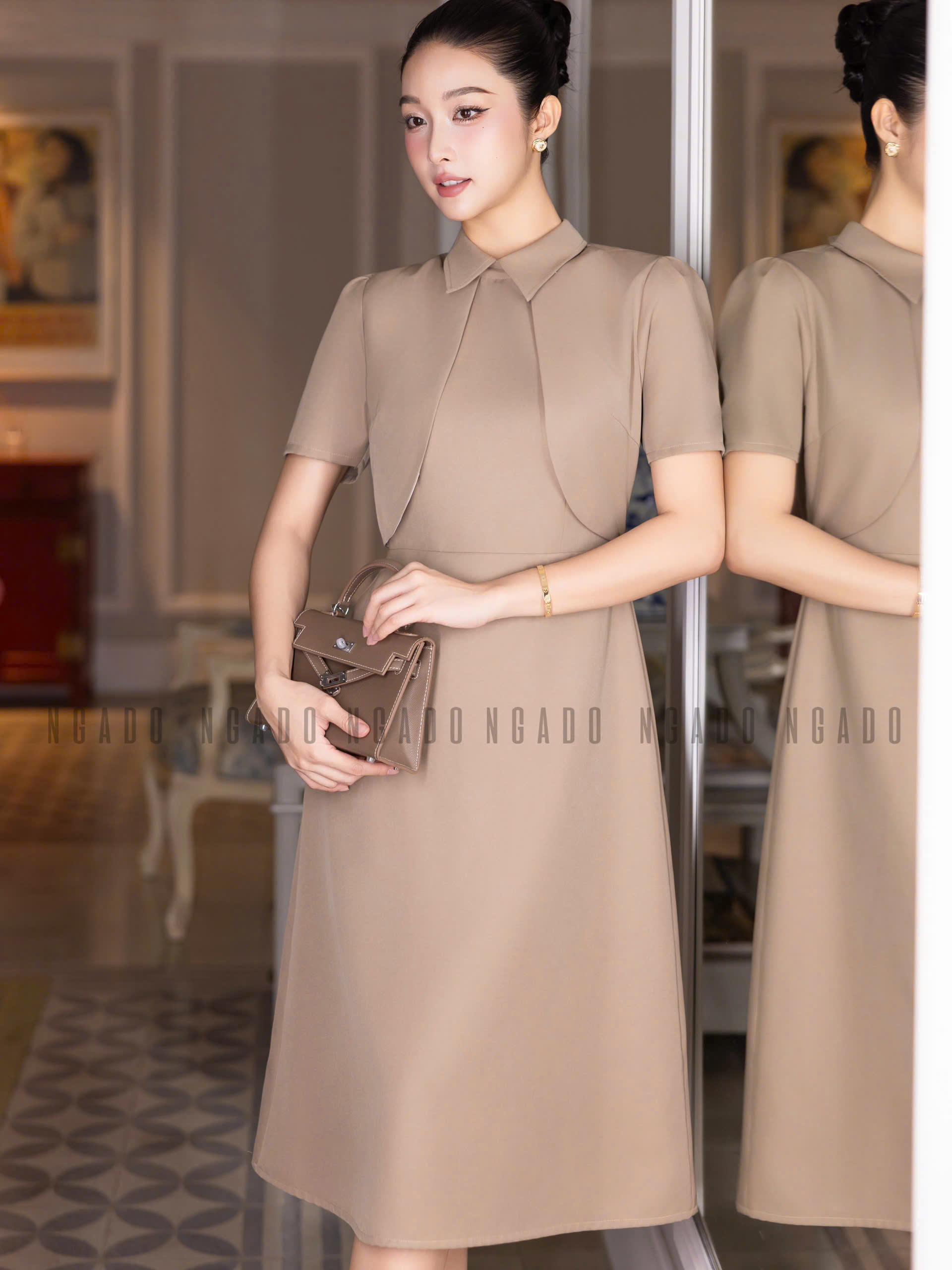 Đầm nâu sơ mi ngắn tay NGADO , đầm kiểu sơ mi , đầm công sở, dự tiệc