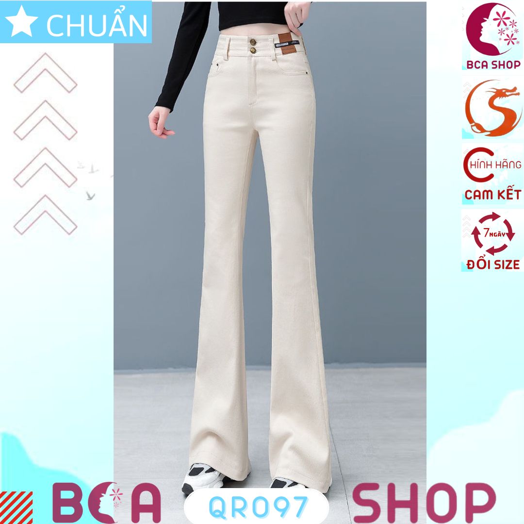 Quần jean nữ ống loe QRO97 ROSATA tại BCASHOP dáng dài thêu hoa, lưng cao 2 nút, phom chuẩn, chất liệu jean - MÀU KEM