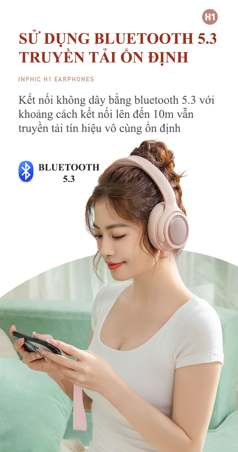 Tai nghe không dây INPHIC H1 kết nối Bluetooth 5.3 và cổng AUX 3.5mm dung lượng pin lớn 600mAh với âm thanh cực hay - Hàng Chính Hãng