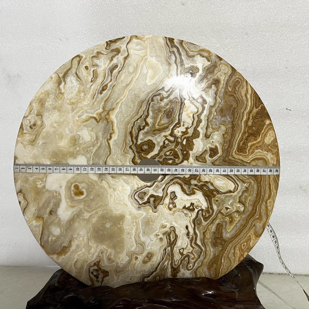 Đồng điếu, đồng điếu đá thật màu vàng vân đường kính 39 cm chân đế gỗ rừng cho mệnh Kim và Thổ