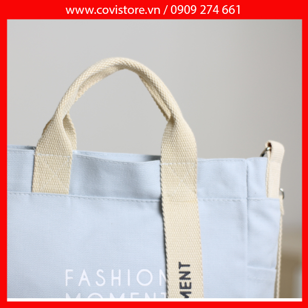 Túi vải Hàn Quốc, túi đeo chéo vải canvas phối chữ Fashion Moment thời trang Covi nhiều màu sắc T11-M-Màu Xanh bầu trời