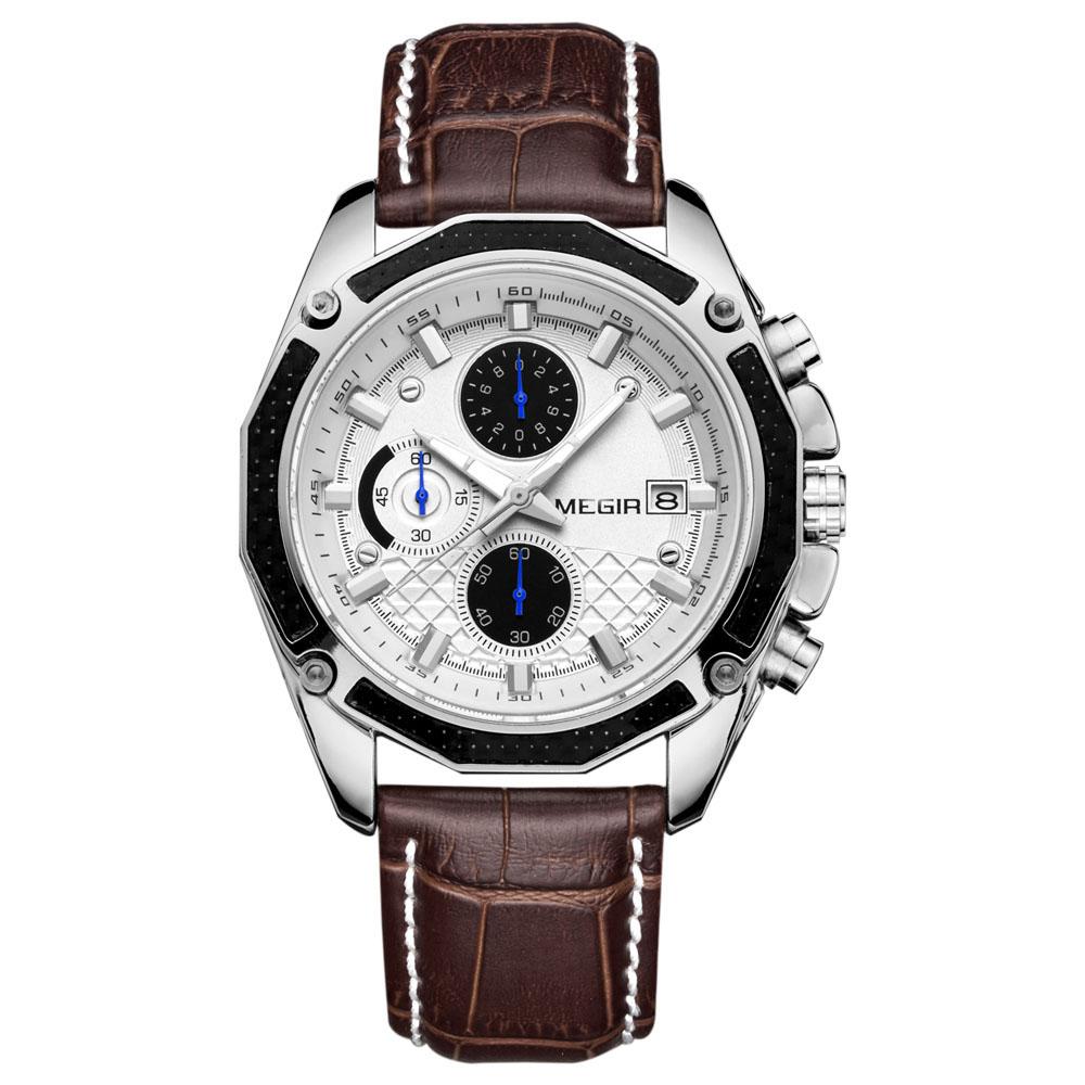 Đồng hồ đeo tay Quartz Man chính hãng MEGIR Chống thấm nước 3ATM với lịch và mặt số phụ