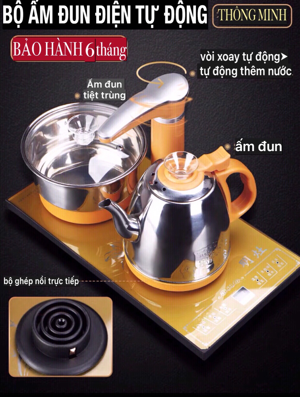 Bộ bàn pha trà điện ,bếp đun nước cảm ứng tự động thông minh đa năng inox ,khay trà đạo nan gỗ ,Ấm chén cối xay độc lạ -06 Tặng kèm xô nhựa đựng nước