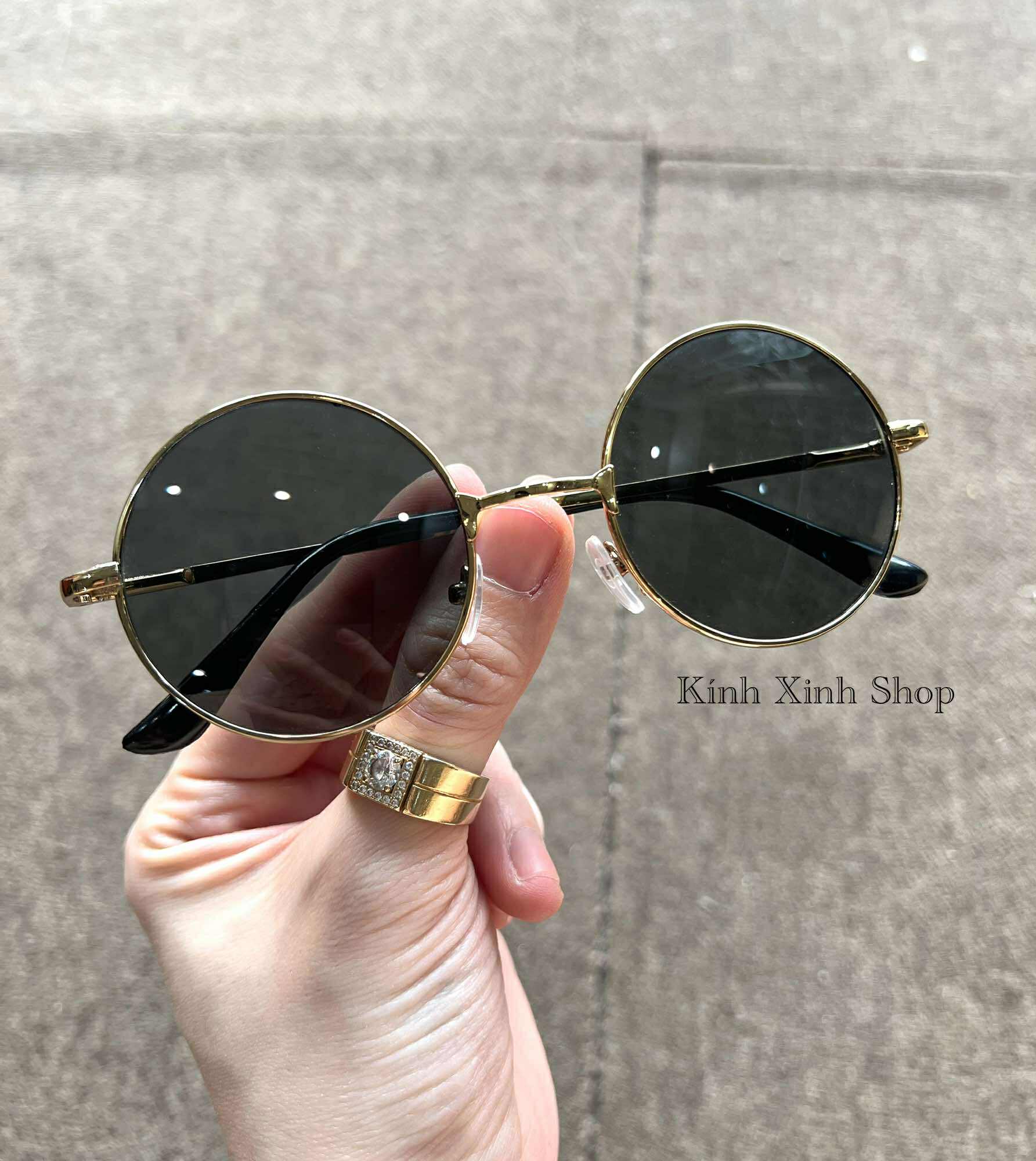 Kính râm Mắt tròn form nhỏ Mắt thủy tinh gọng kim loại vàng cao cấp