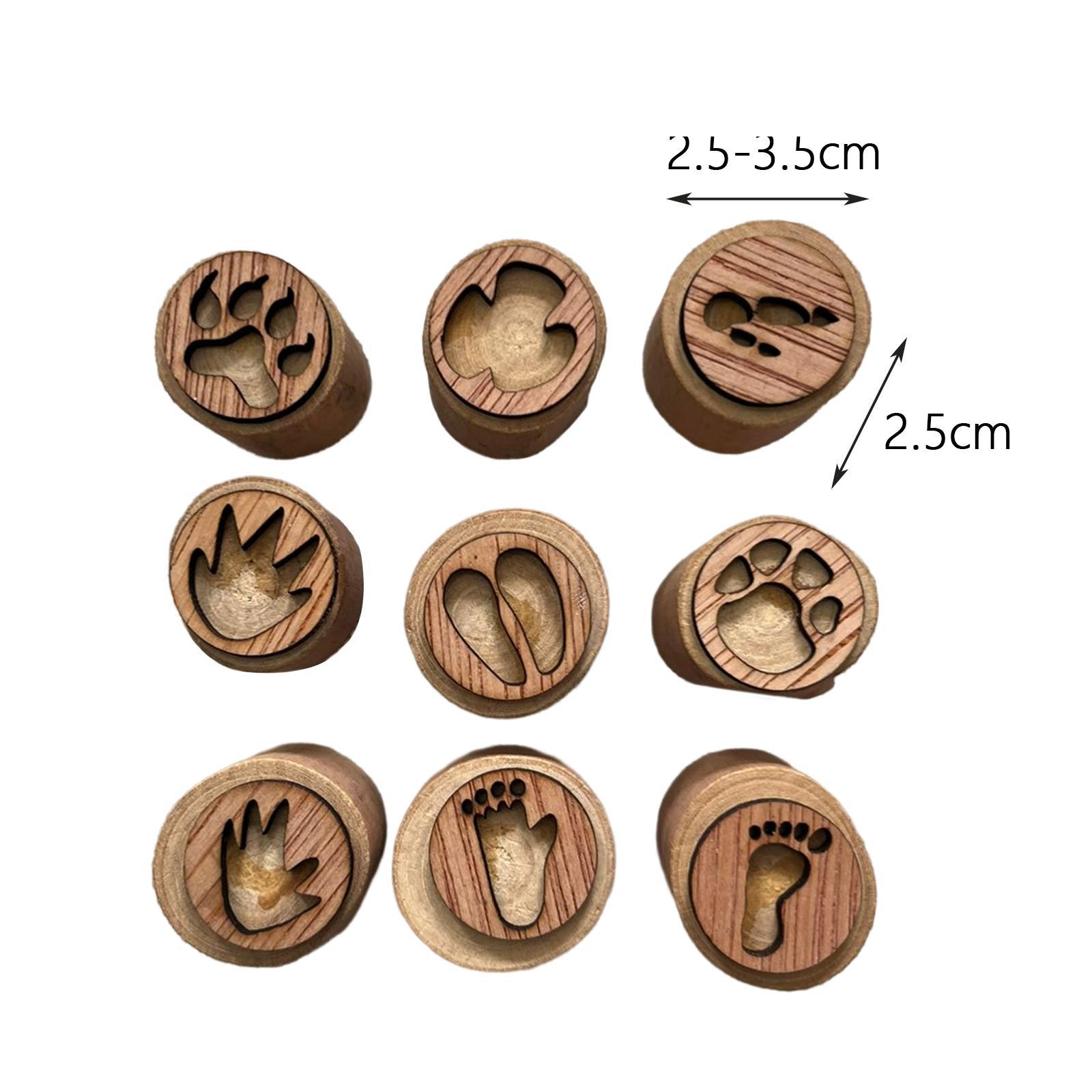 9Pcs Wooden Stamp Set Animals Foot Print Stamp Handmade Painting Animals Paw Stamp Animal Track Stamps for Clay, Planner, Teachers, Card Making