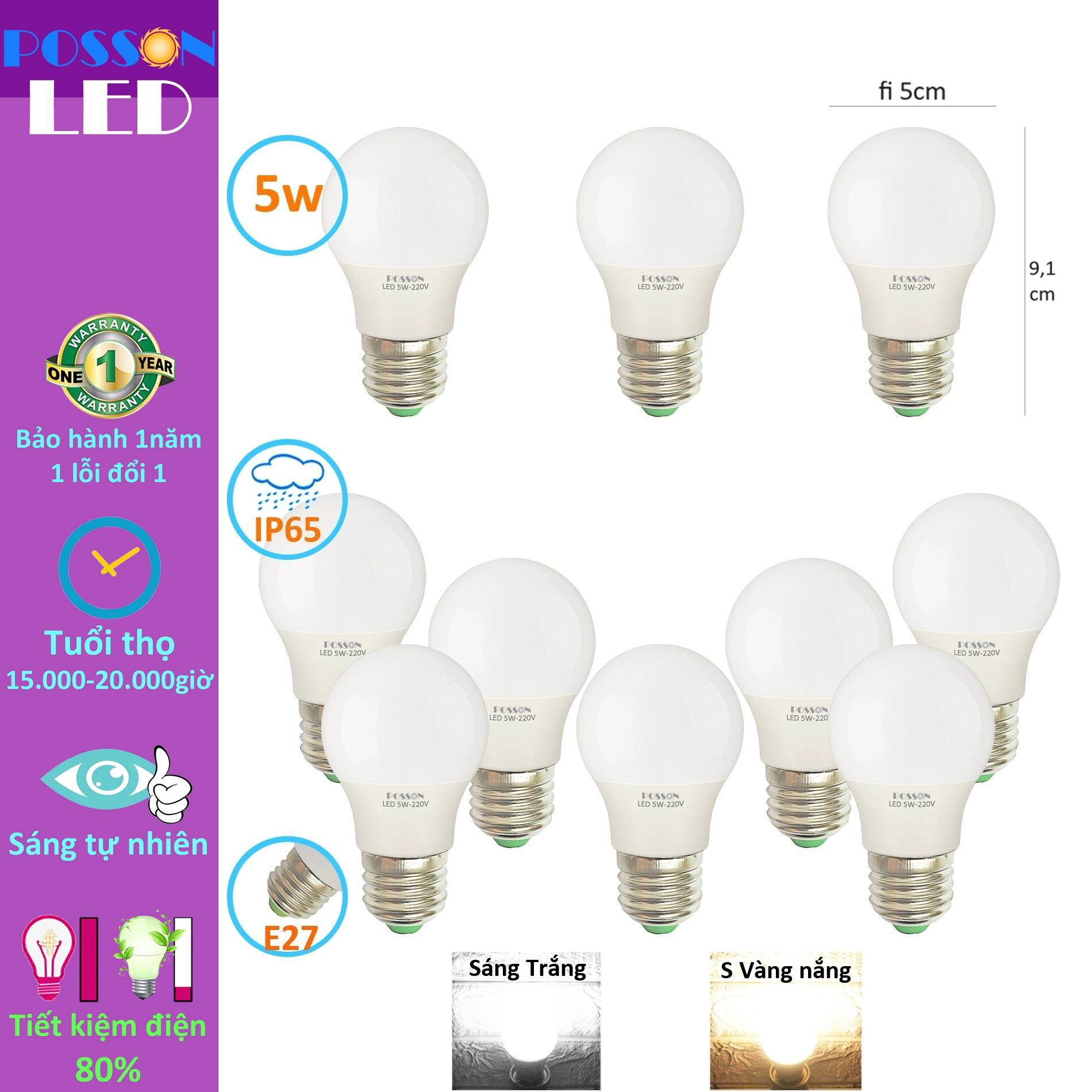 10 Bóng đèn Led 5w bup tròn A50 tiết kiệm điện thân kín chống nước mưa trang trí ngoài trời Posson LB-5x