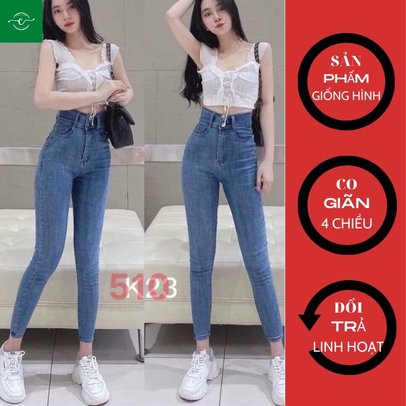 Quần Jean Co Giãn Lưng Cao, Quần Bò Nữ Dáng Ôm Trơn Cuốn Lai VoZoDo 510