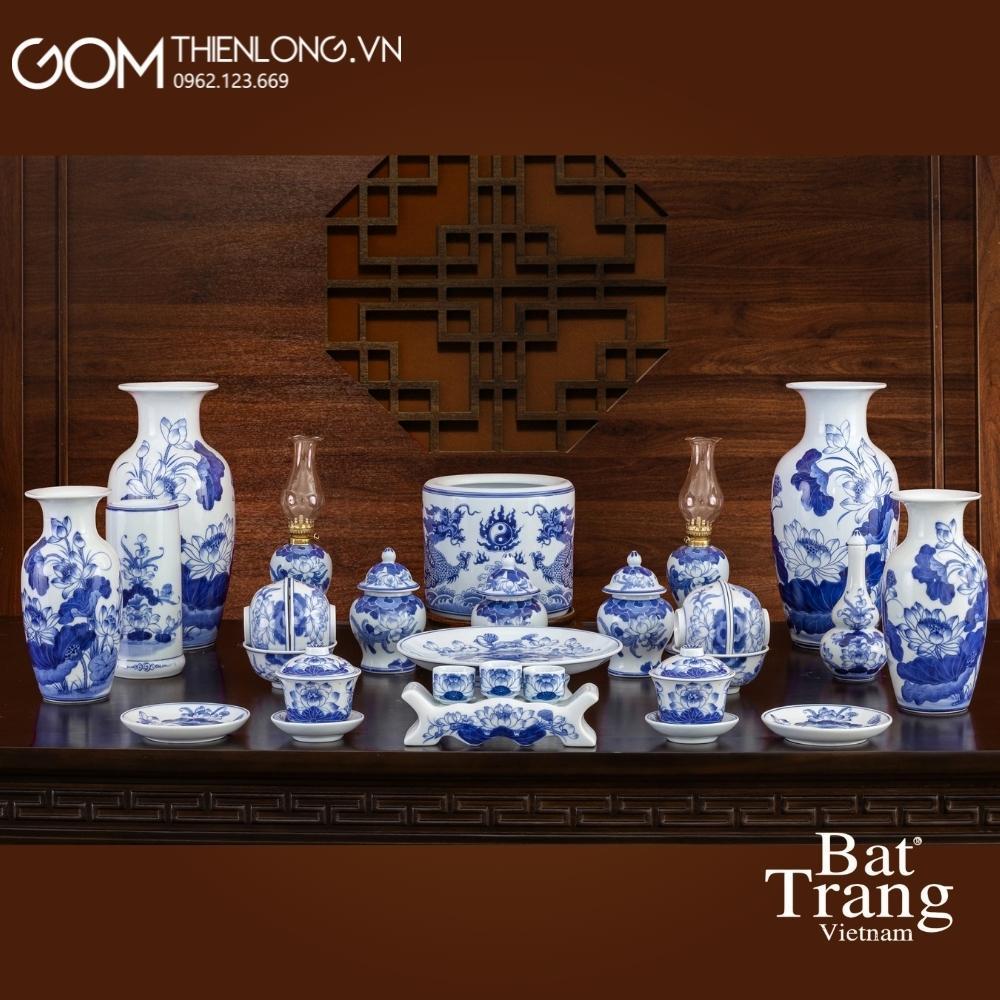 Bộ Đồ Thờ Gia Tiên Xanh Lam Ngọc Cao Cấp - Đồ Thờ Cúng Bát Tràng - Gốm Thiên Long