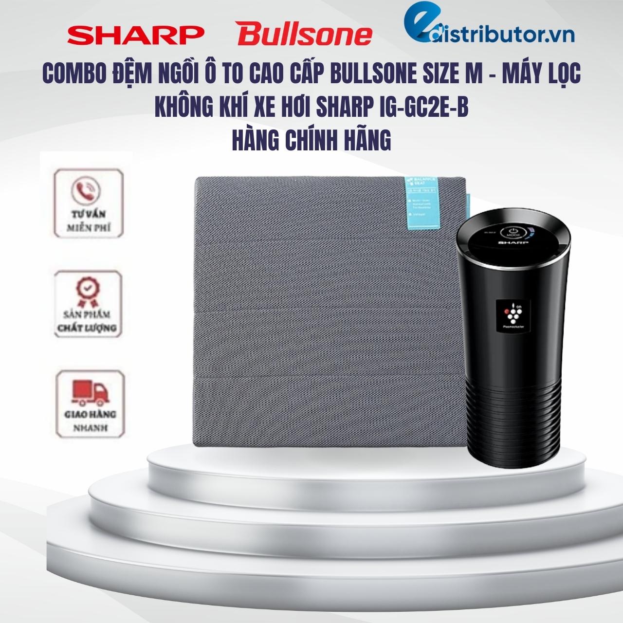 Combo Đệm ngồi cao cấp ghế xe hơi, văn phòng Bullsone - Máy lọc không khí xe hơi Sharp IG-GC2EB - Hàng chính hãng