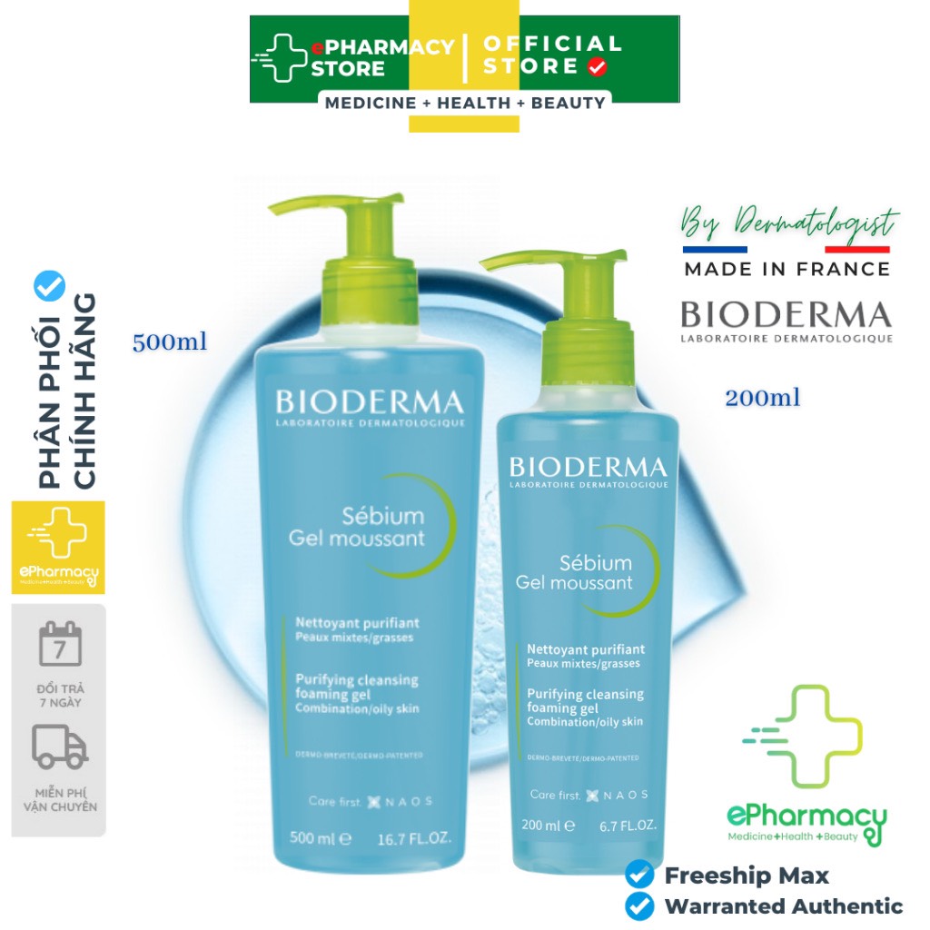 Sữa rửa mặt Bioderma Sebium Gel Moussant - Gel rửa mặt Bioderma dành cho da dầu mụn DẠNG CHAI - 200ml