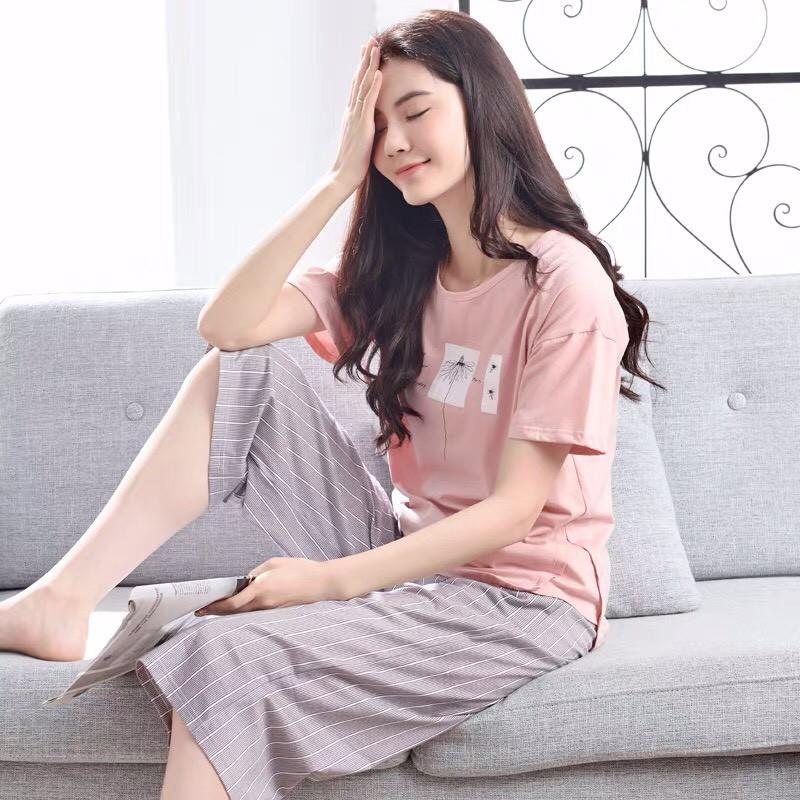 Bộ lửng nữ thun cotton hồng nude họa tiết quần kẻ