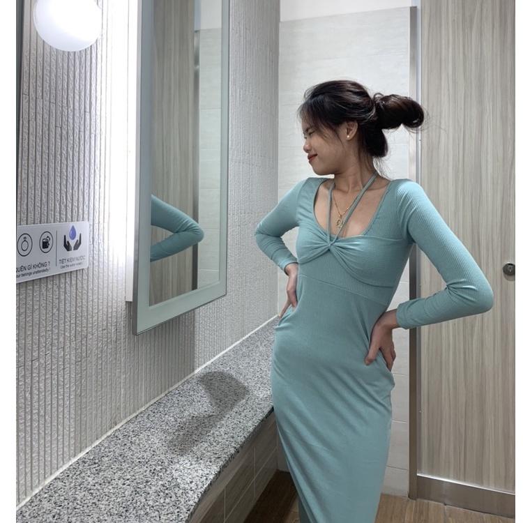 Đầm body thun gân dáng dài nơ ngực dây buộc 2 kiểu xẻ tà sau