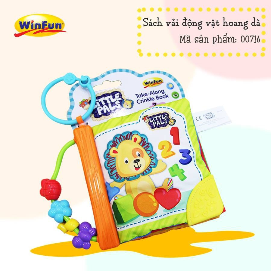 Sách vải động vật hoang dã sắc màu kèm gặm nướu cho bé Winfun 0176 - tập cầm, treo nôi cũi