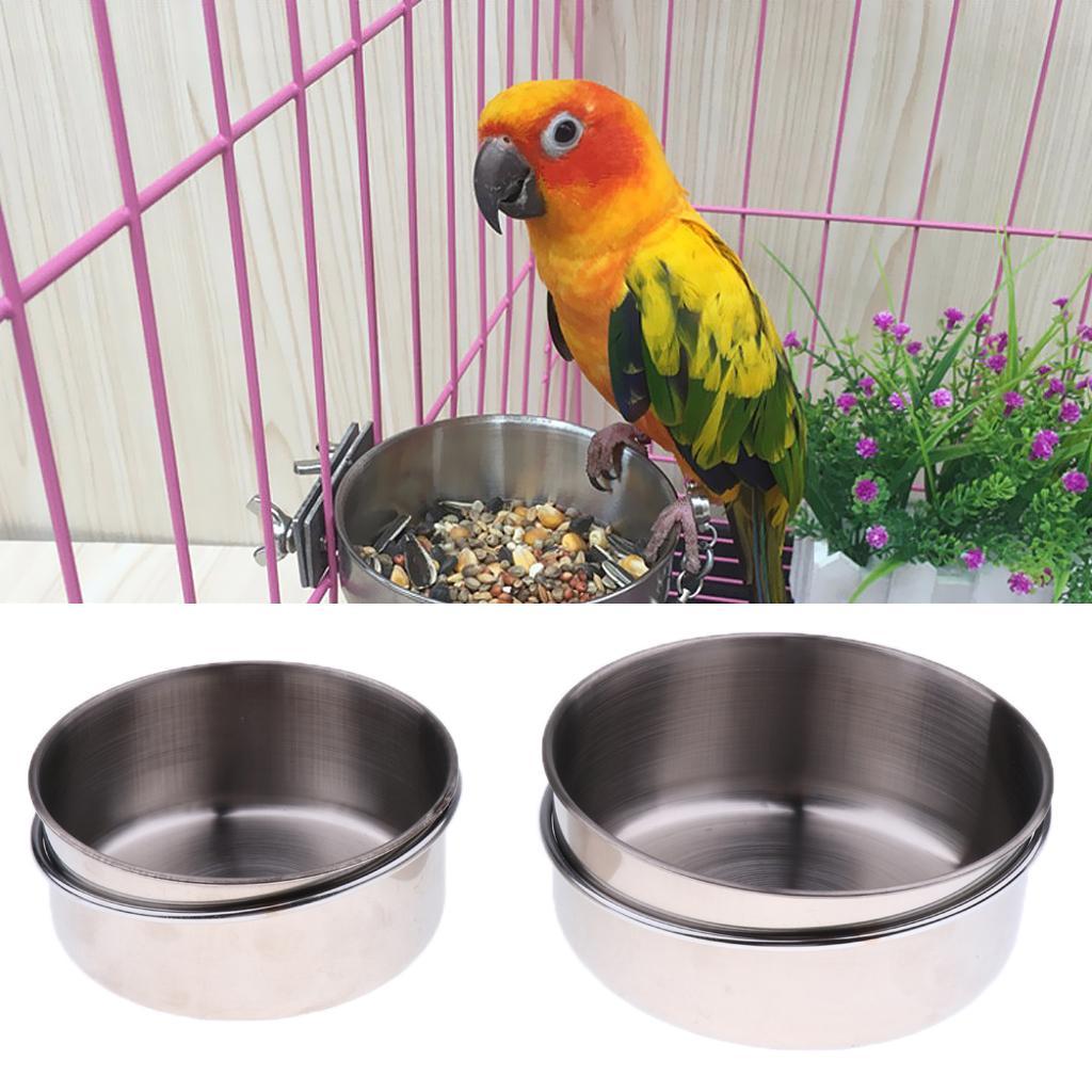2 Pcs Stainless Steel Cage Coop Hook Cup Bird Dog Animal Food Water Bowl