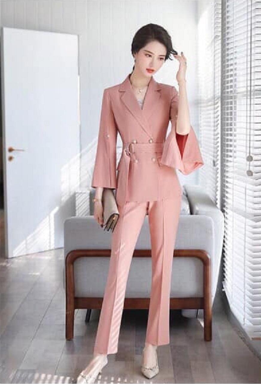Set bộ vest công sở dáng dài tay xẻ duyên dáng