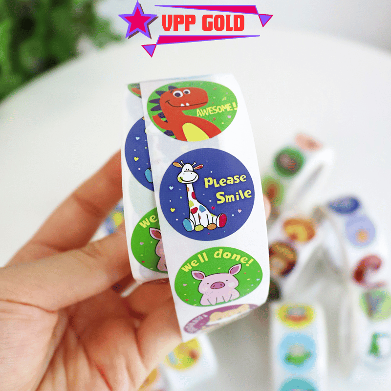 Sticker cuộn 500 hình dán cute dễ thương đẹp giá rẻ, sticker trang trí dán sổ khen thưởng học sinh văn phòng phẩm