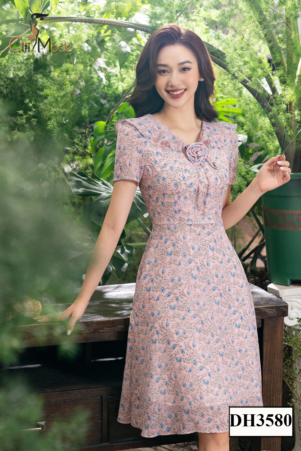 Đầm xòe công sở hoa hồng CITI MODE bèo cổ đính hoa chất Voan cao cấp 2 lớp DH3580