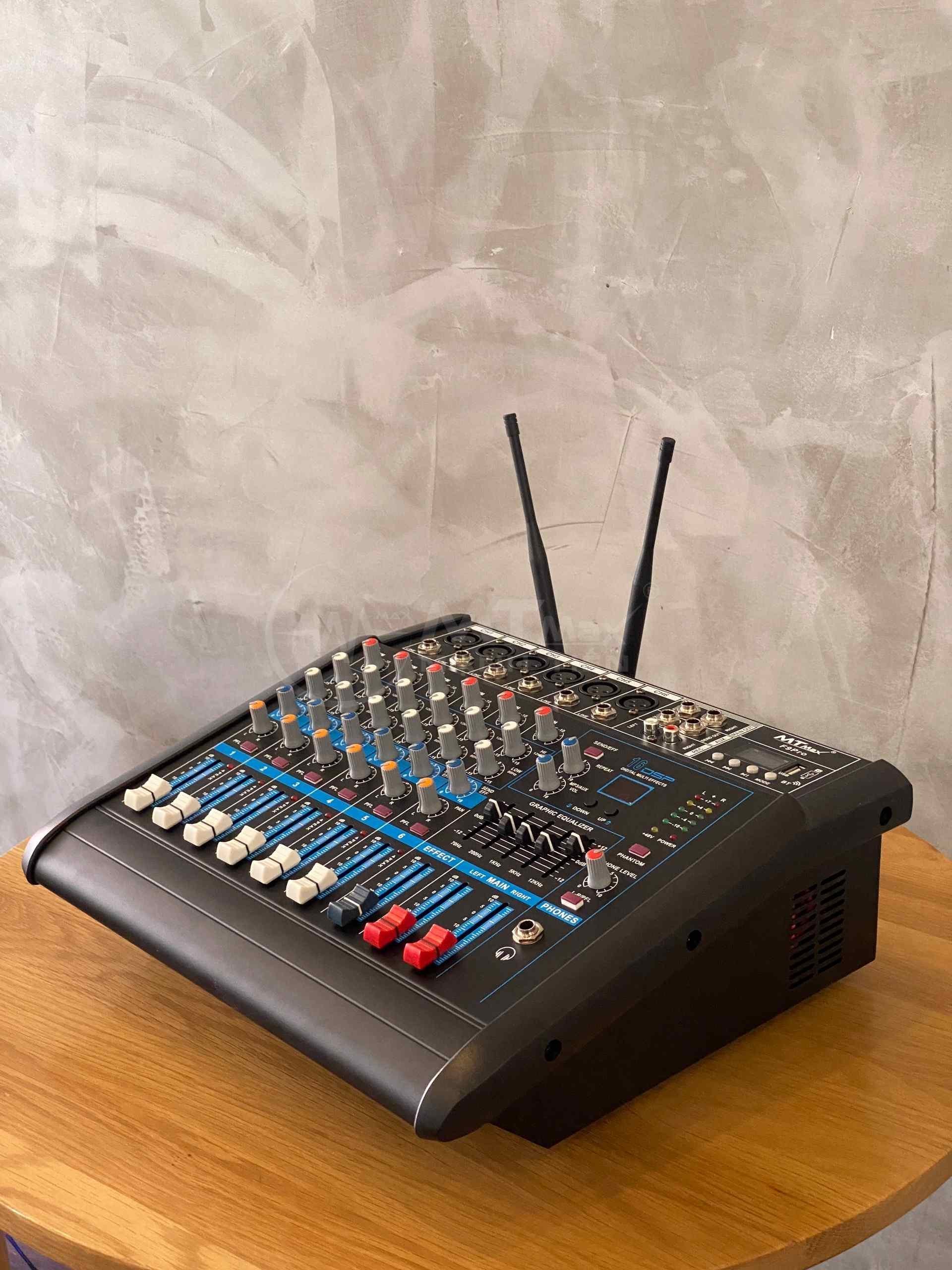 Mixer MTMax F9 Pro liền công xuất chuyên nghiệp tích hợp nhiều chức năng EQ reverb delay echo 16 chế độ kèm 2 micro không dây