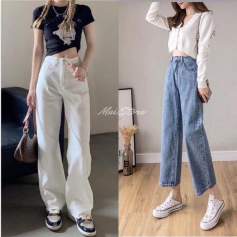 Quần bò ống rộng nữ cạp cao quần jeans ống rộng lưng cao vải bò dày đẹp dáng suông phong cách Hàn Quốc