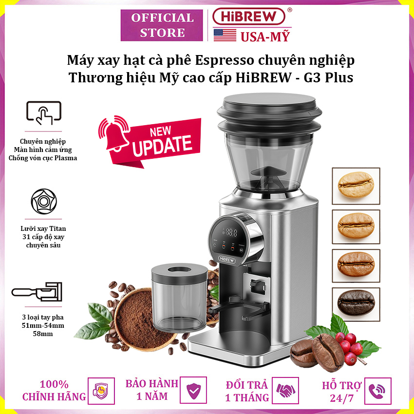 Máy xay hạt cà phê Espresso chuyên nghiệp thương hiệu Mỹ cao cấp HiBREW G3 Plus 31 cấp độ xay - Công suất 180W - Hàng nhập khẩu