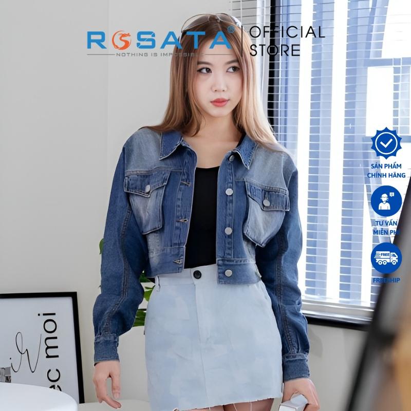 Áo khoác nữ ROSATA K27 tay dài 2 túi hộp nắp vuông form croptop jean xanh đậm xuất xứ Việt Nam