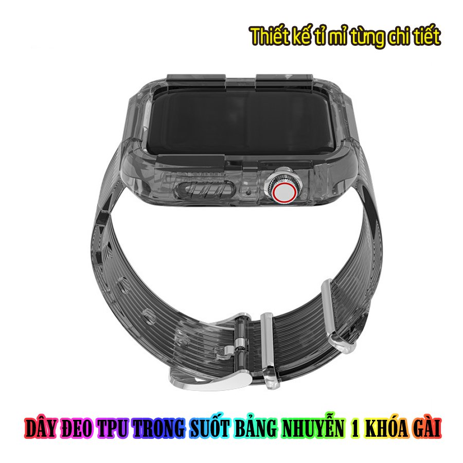 Dây Đeo liền ốp cho Apple Watch size 38/40/42/44mm TPU trong suốt nhuyễn 1 khóa gài_Đen Trong (tặng dán KCL theo size)