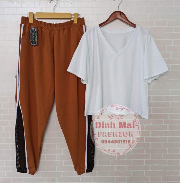 Set bigsize quần thể thao phối lưới mix áo cổ tim croptop