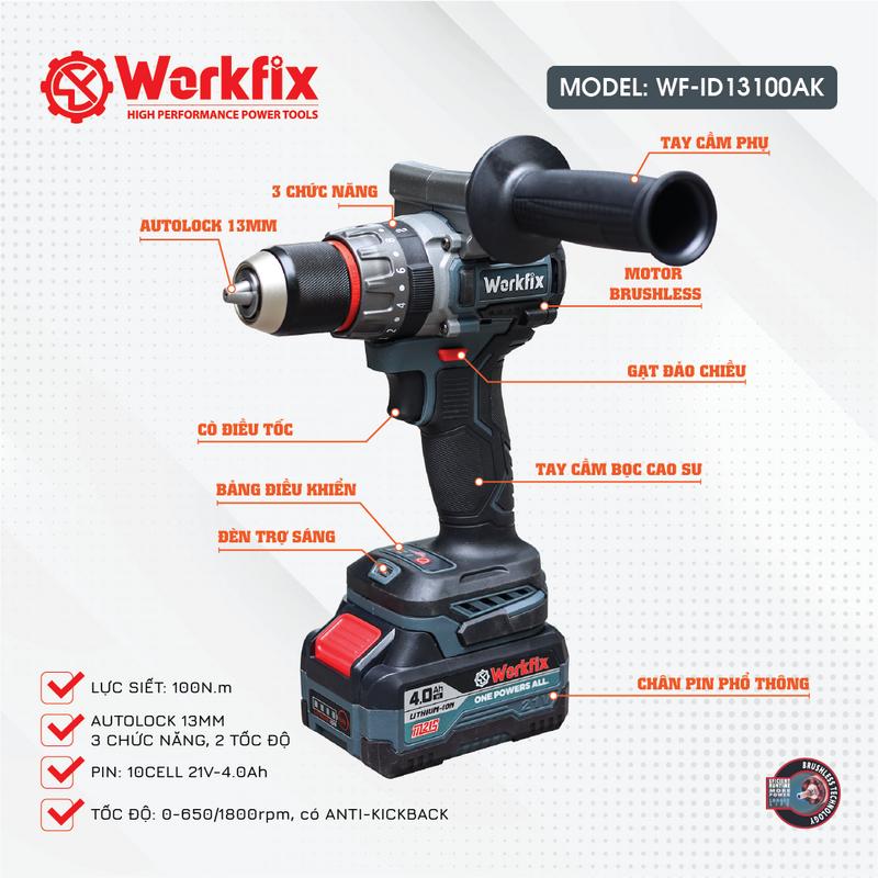 Máy Khoan 3 Chức Năng 100N.m Workfix - ID13100AK - Đầu Kẹp 13mm Auto Lock - Chống Lật Cổ Tay - Brushless Motor - Chân Pin Phổ Thông - 2 Pin 21V/4Ah PLUS - Có Tay Cầm Trợ Lực