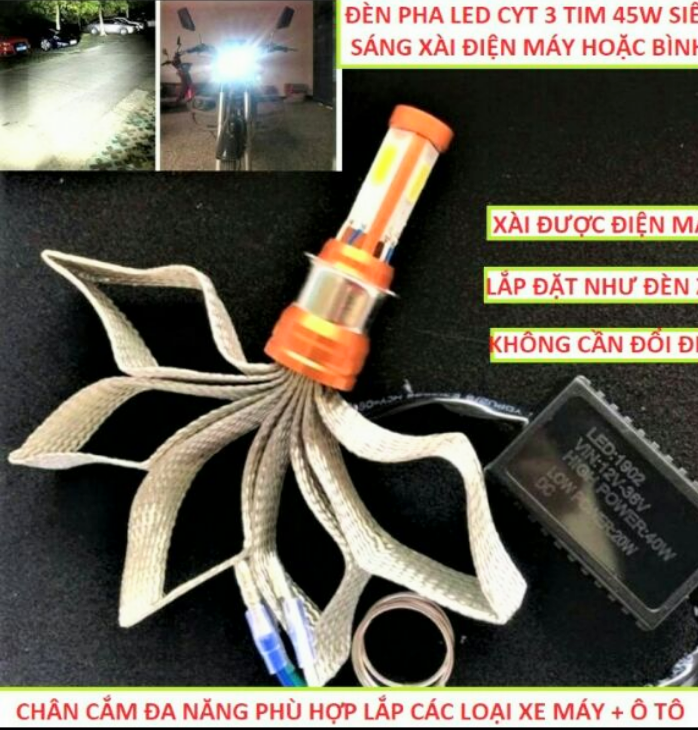 SIÊU SÁNG VỚI BỘ 1 ĐÈN PHA LED 3 TIM TẢN NHIỆT KIỂU ĐUÔI CÔNG LẮP CHO TẤT CẢ CÁC LOẠI XE MÁY MẪU MỚI CỰC CHẤT HÀNG CHUẨN CHẤT LƯỢNG
