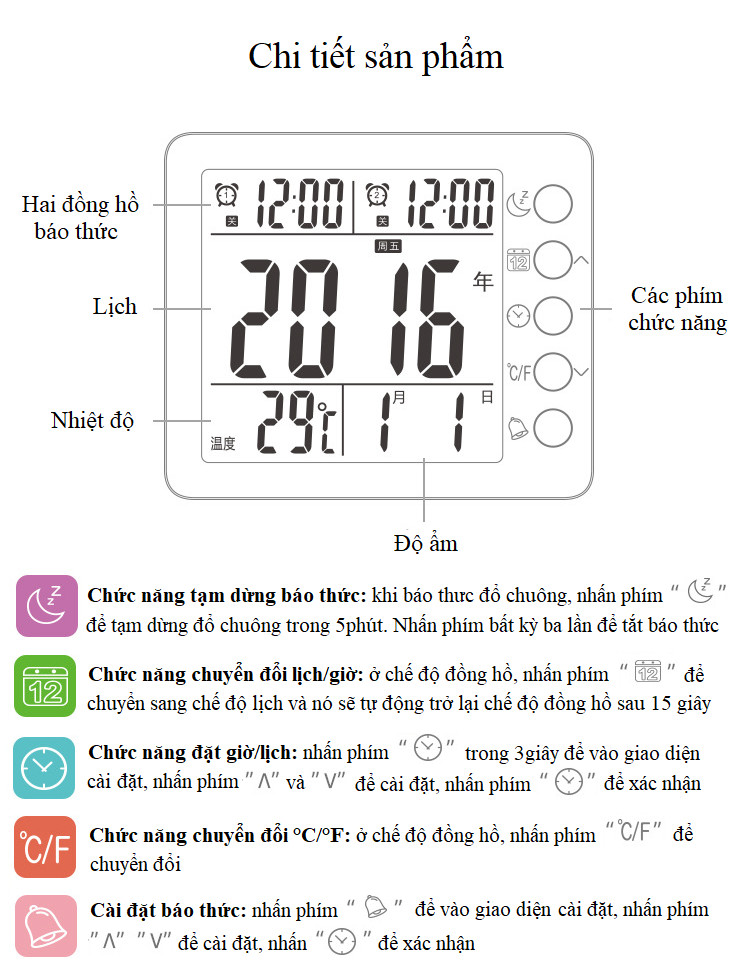 Máy đo nhiệt độ, độ ẩm để bàn thông minh tích hợp đồng hồ báo thức đa năng M10 ( TẶNG KÈM MÓC KHÓA TUA VÍT 3 TRONG 1 ) 
