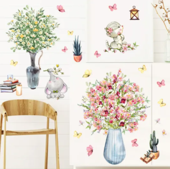 Decal trang trí tường - Chú voi và chú mèo cùng 2 bình hoa xinh