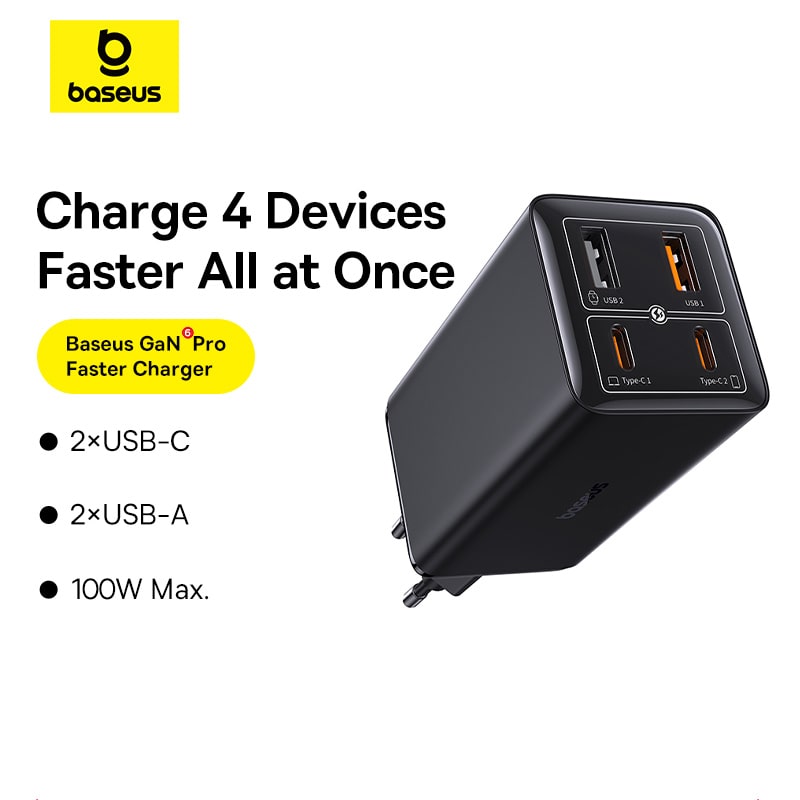 Cốc Sạc Nhanh OS-Baseus GaN6 Pro Fast Charger 2C+2U 100W (Chân tròn, Kèm cáp C to C 100W, 1m) (Hàng chính hãng)