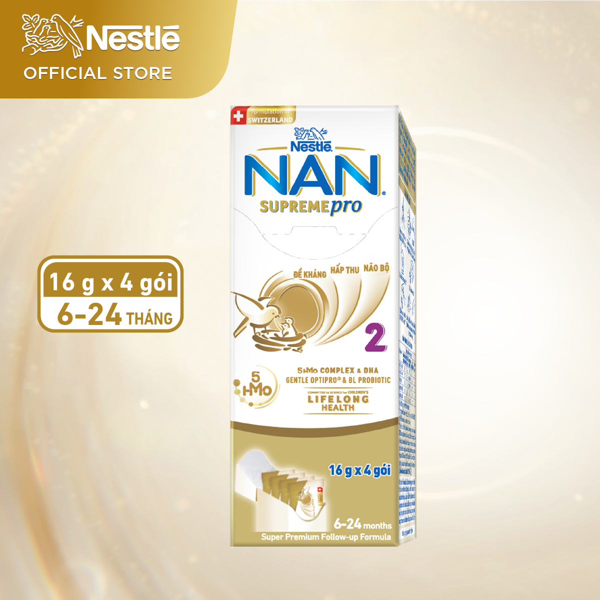 Sữa bột Nestlé NAN SupremePro 2 Hộp 4x16g với 5HMO &amp; đạm Gentle Optipro nhập khẩu từ Đức