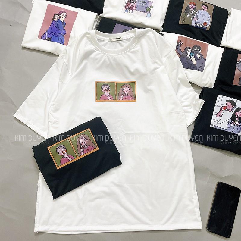 Áo Thun In Hình Couple Siêu Xinh - Áo thun tay lỡ form rộng Unisex 38-65kg Nam Nữ