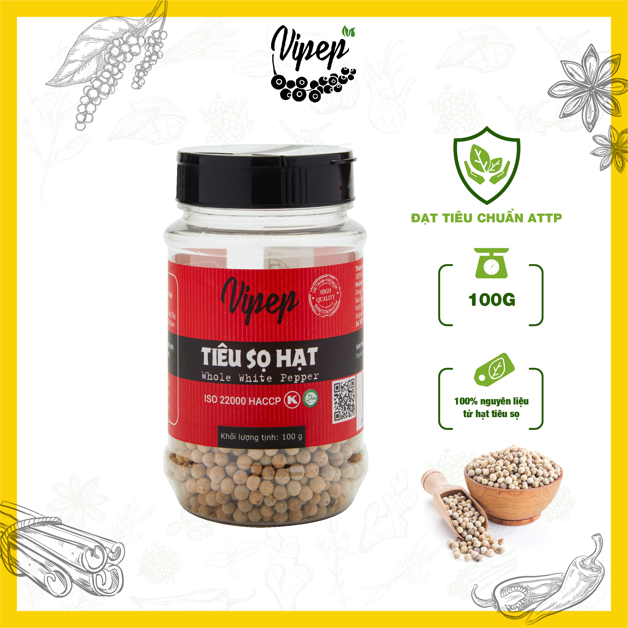 Hạt tiêu sọ Vipep nguyên chất 100%, gia vị nêm ướp thực phẩm kích thích vị giác 100g