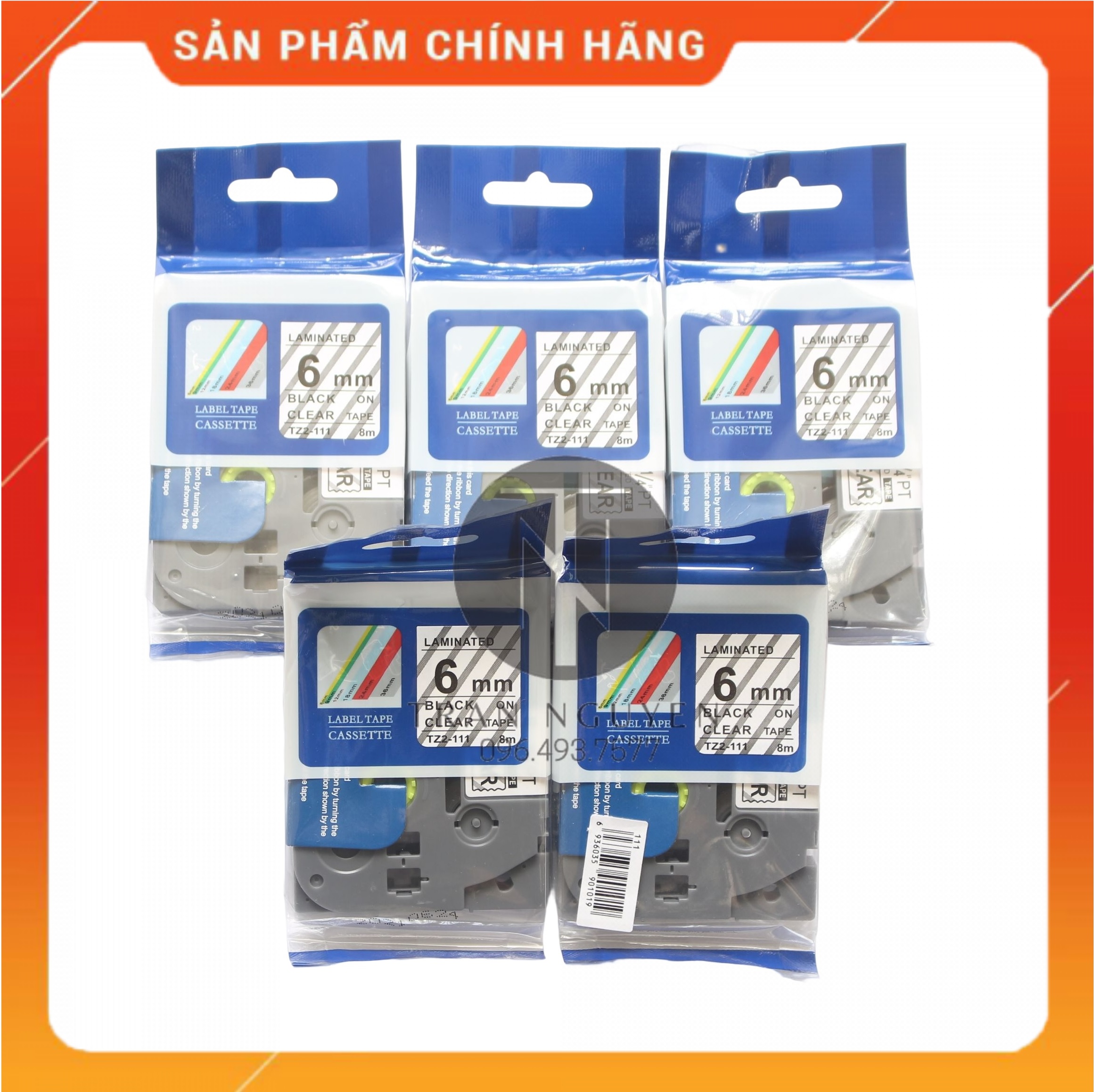 Nhãn In Brother Tz2-111 Đen nền trong 6mm x 8m - Hàng nhập khẩu