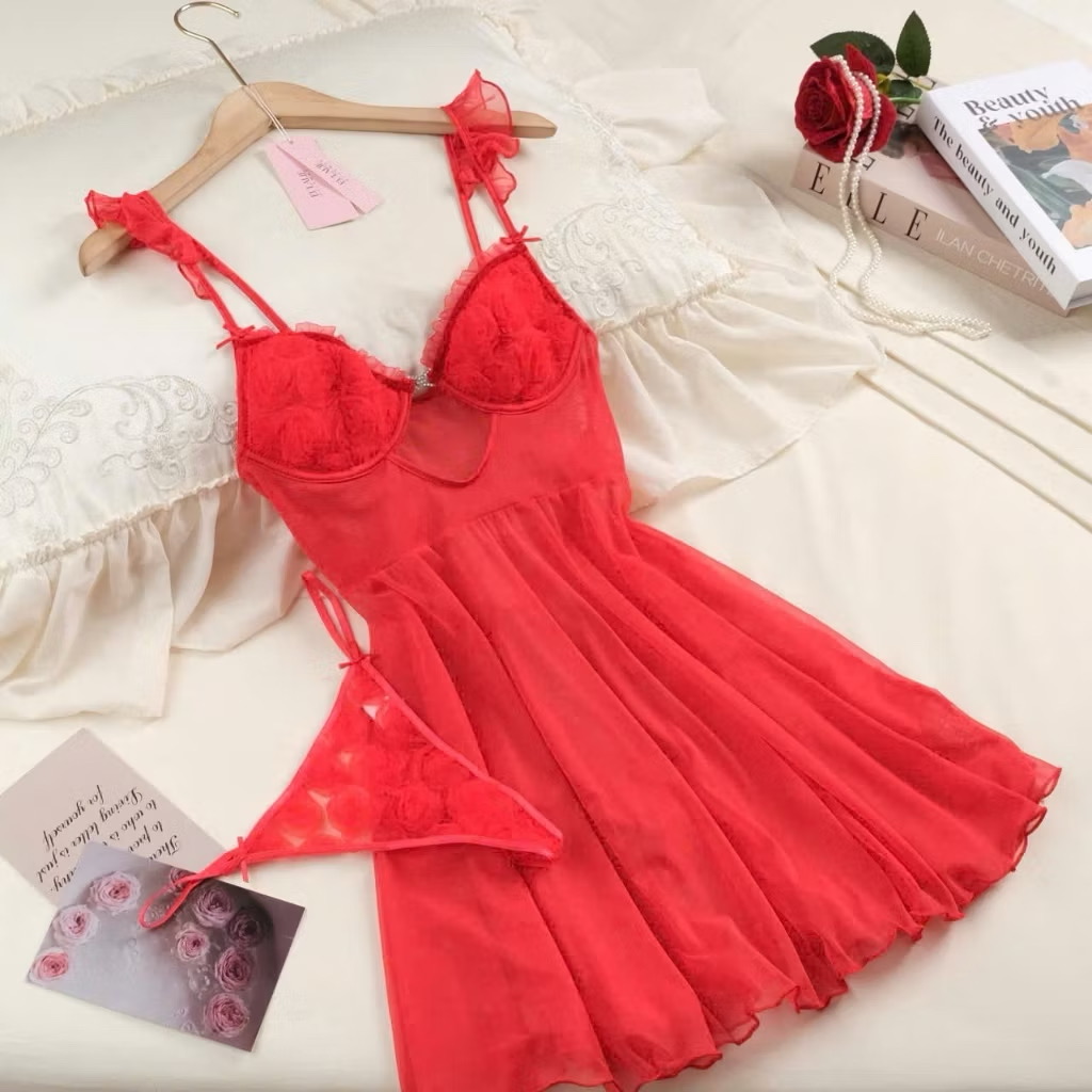 Váy Ngủ D57 Ren Lưới Xuyên Thấu Có Gọng Có Mút Kèm Chip Xinh Xắn