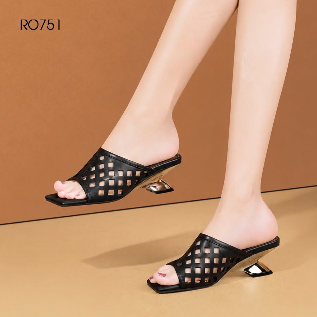 Dép cao gót nữ cắt laze ROSATA RO751 - 5p - Đen, Vàng - BKSTORE - HÀNG VIỆT NAM