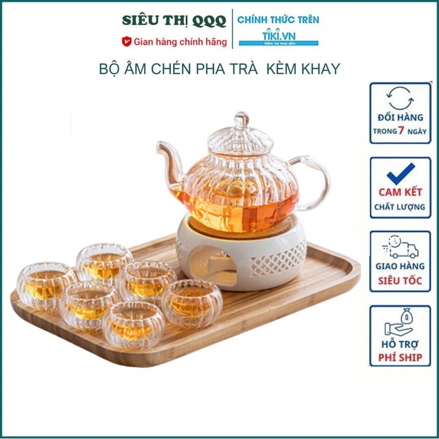 Bộ ấm chén pham trà thủy tinh chịu nhiệt cao chống sốc nhiệt kẻ vằn - Hàng chính hãng