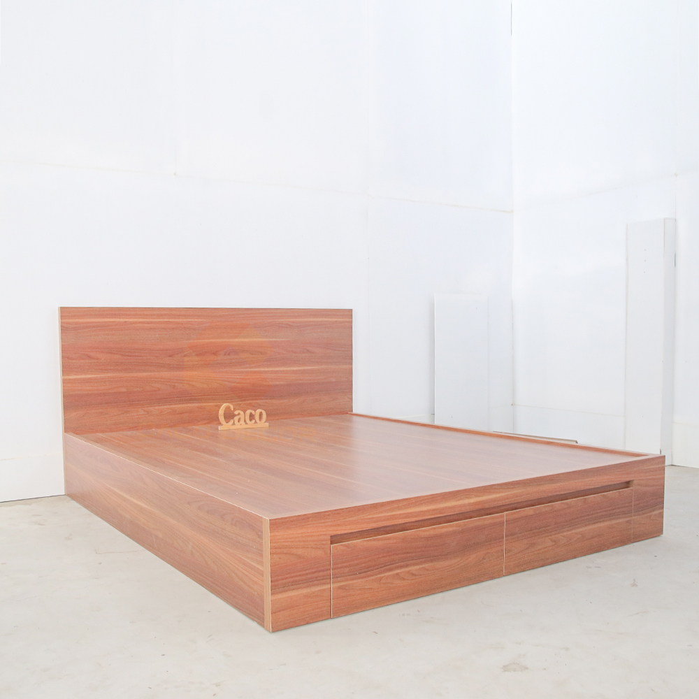 GIƯỜNG NGỦ GỖ MDF PHỦ MELAMINE MÀU VÂN GỖ ĐỎ CÓ HAI HỌC KÉO