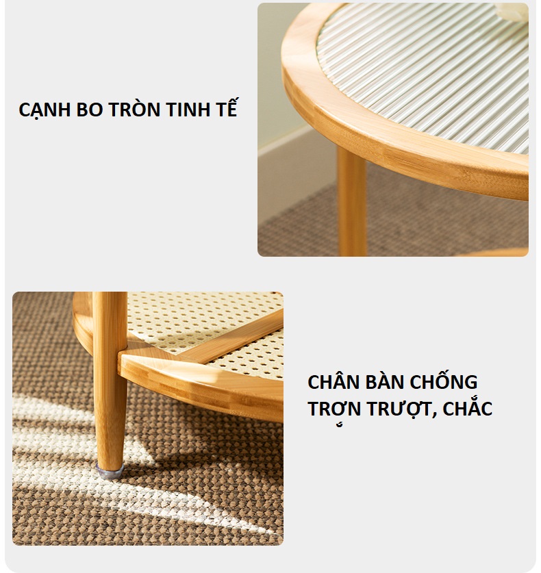 Bàn trà tròn chất liệu gỗ phối mây, kích thước 54 x 50cm, mặt kính cường lực bền đẹp, chịu lực tốt