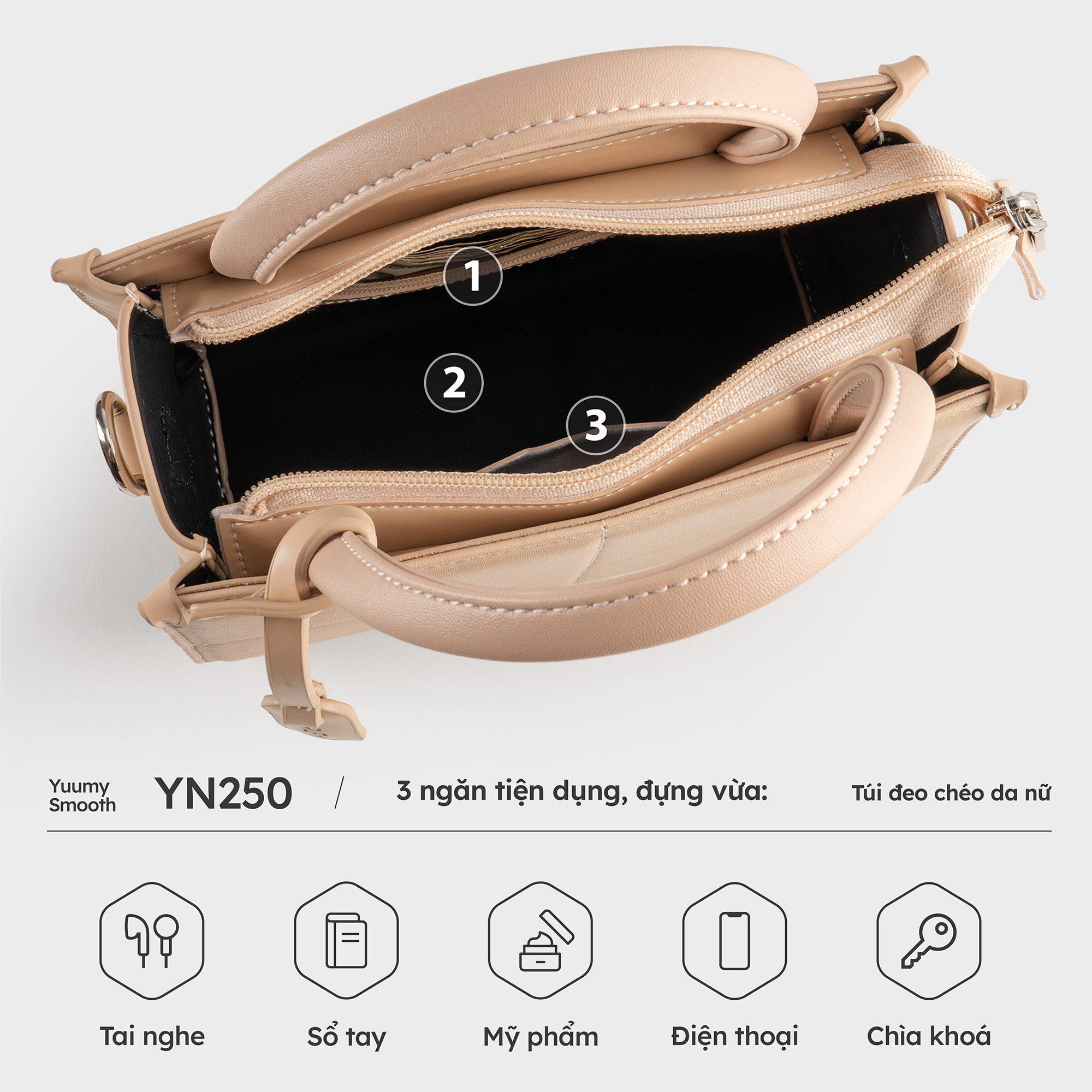 Túi Yuumy ( Thời trang nữ dáng vuông viền chỉ size 20 - Túi đeo chéo da Smooth YN250 )