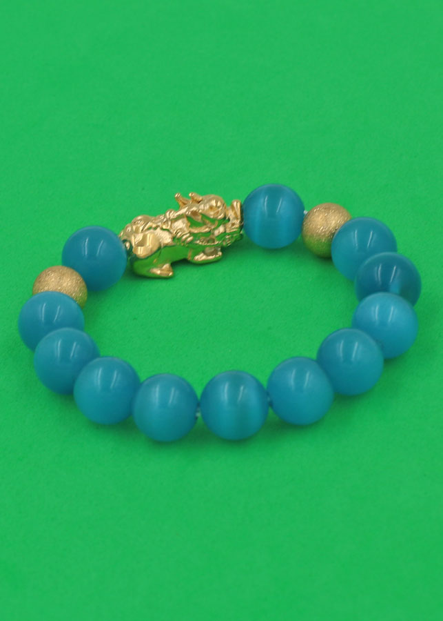 Vòng đeo tay Đá Mắt Mèo Xanh Biển 12 ly - cẩn Tỳ Hưu Phong Thủy inox vàng VMEXBTHHBV12 - hợp mệnh Thủy, mệnh Mộc