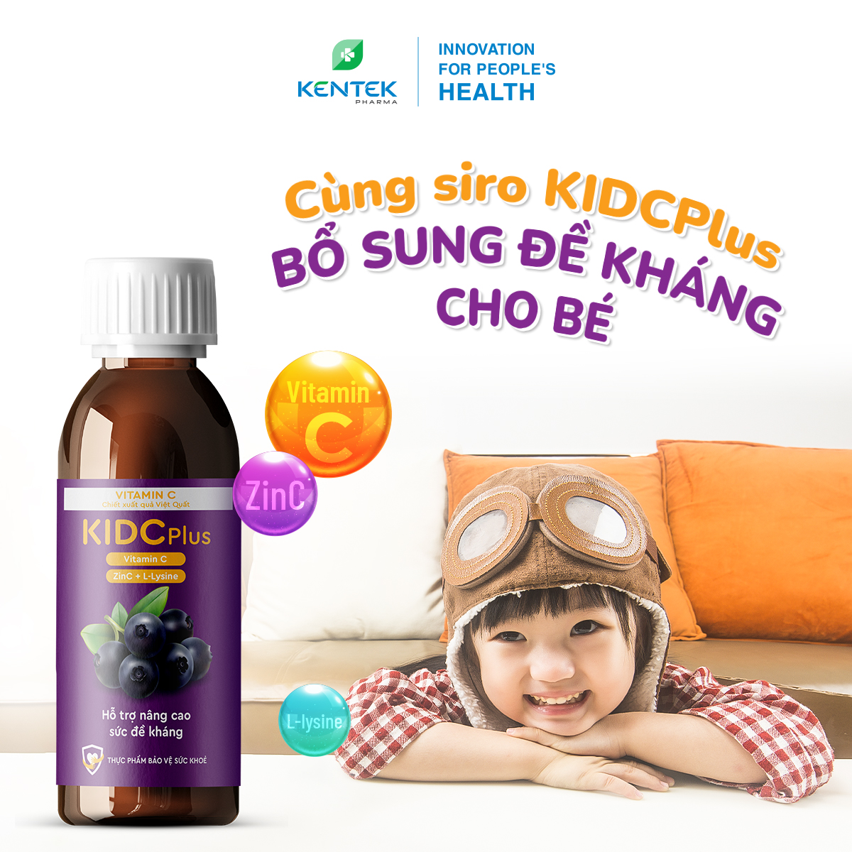 Siro bổ sung vitamin C & kẽm tăng đề kháng dành cho trẻ em KIDCPlus | Kentek Pharma | Chai 100ml